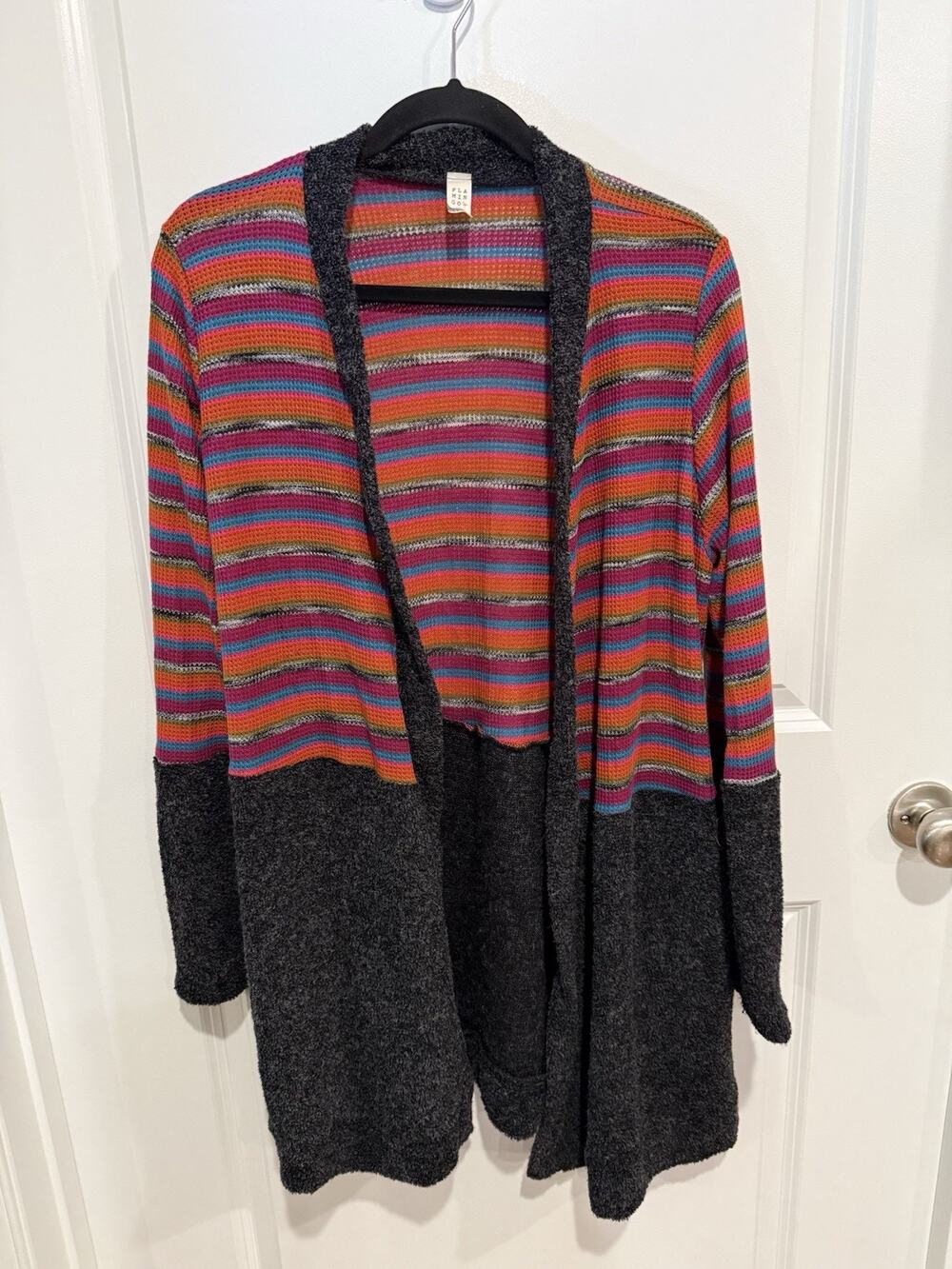 Flamingo Striped Thermal Boucle Knit Peplum Cardigan Sweater Sz XL With Pockets
